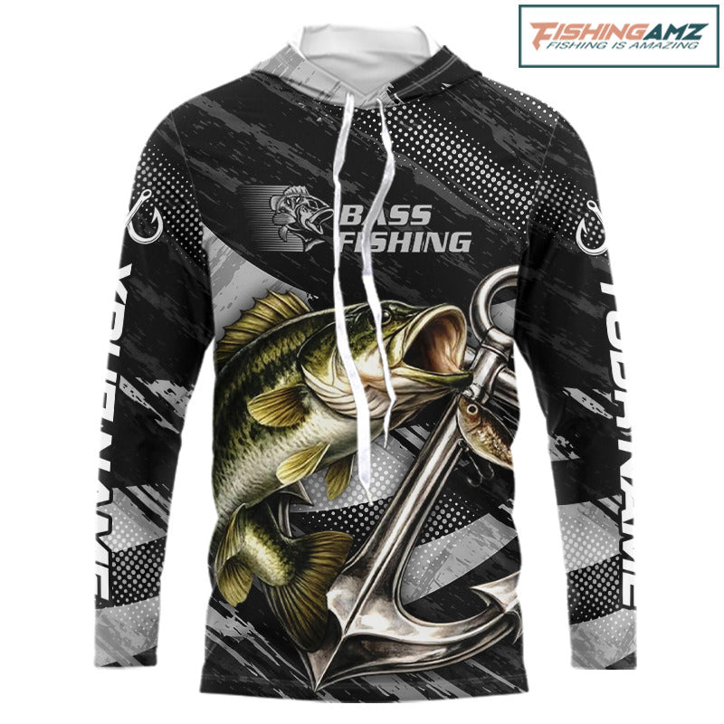 Personalized Bass Long Sleeve Hooded Fishing Shirts Anchor Vector Custom Name Black Camo, Bass Fishing Shirts NBT472