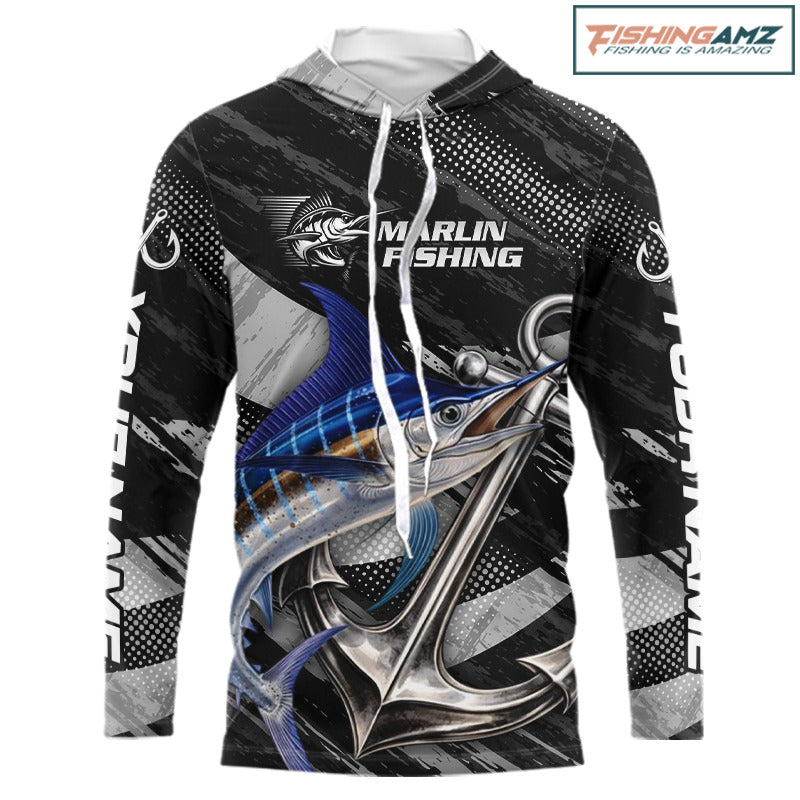 Personalized Marlin Long Sleeve Hooded Fishing Shirts  Anchor Vector Custom Name Black Camo, Saltwater Fishing Shirts NBT473
