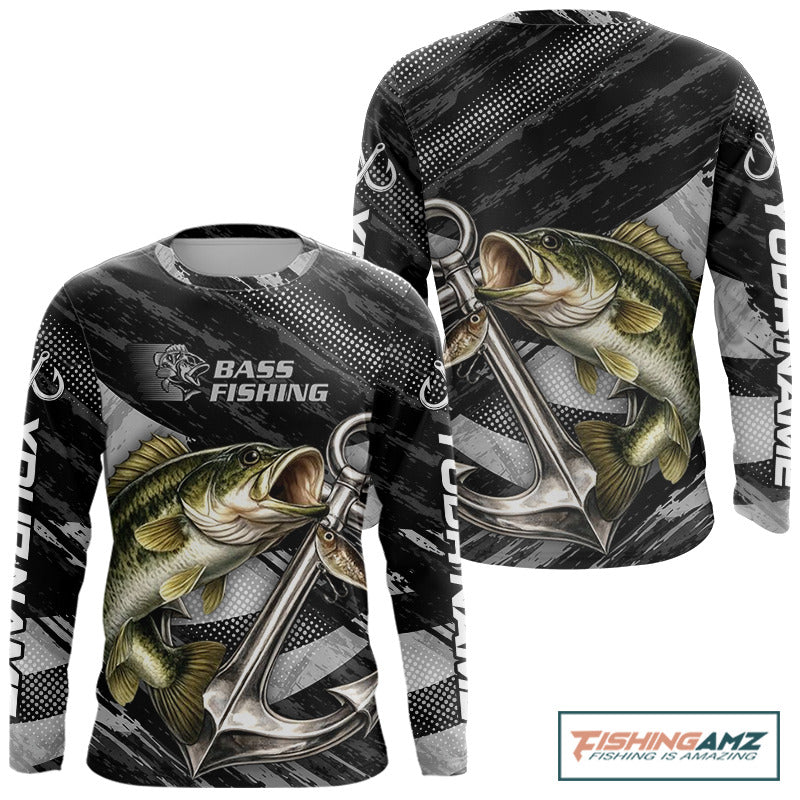 Personalized Bass Fishing Long Sleeve Anchor Vector Custom Name Black Camo, Bass Fishing Shirts NBT472