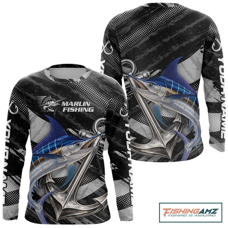 Personalized Marlin Fishing Long Sleeve Anchor Vector Custom Name Black Camo, Saltwater Fishing Shirts NBT473