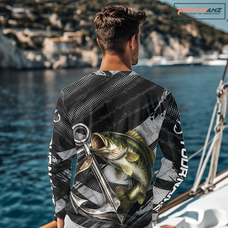 Personalized Bass Fishing Long Sleeve Anchor Vector Custom Name Black Camo, Bass Fishing Shirts NBT472