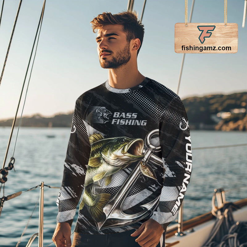 Personalized Bass Fishing Long Sleeve Anchor Vector Custom Name Black Camo, Bass Fishing Shirts NBT472