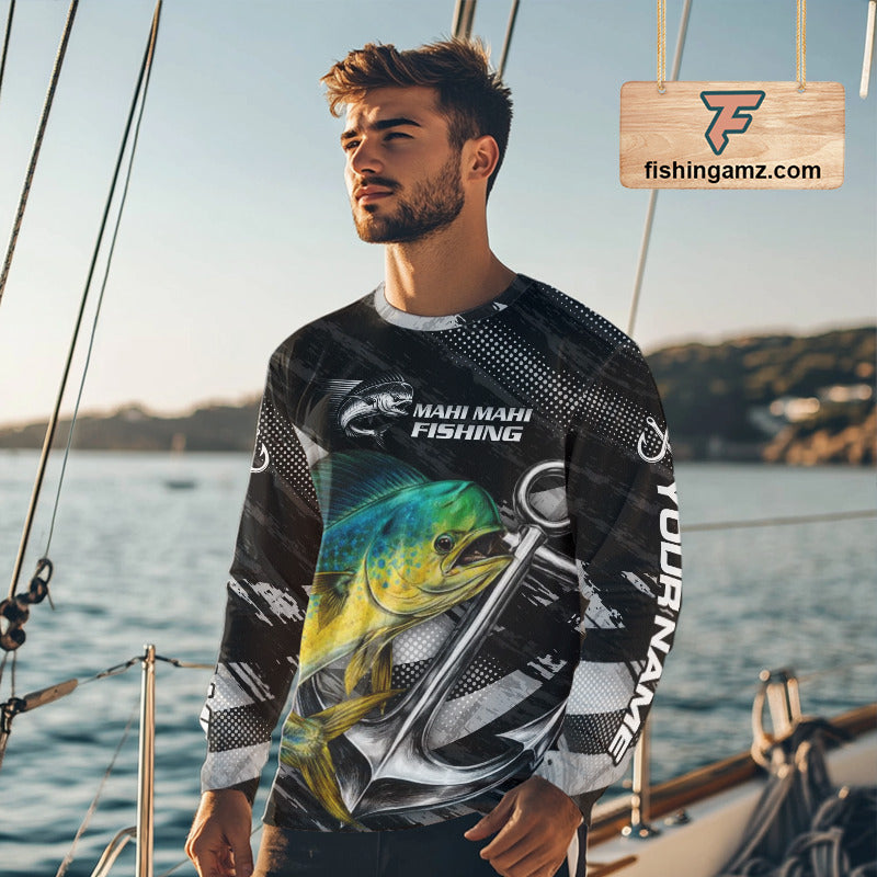 Personalized Mahi Mahi Fishing Long Sleeve Anchor Vector Custom Name Black Camo, Saltwater Fishing Shirts NBT474