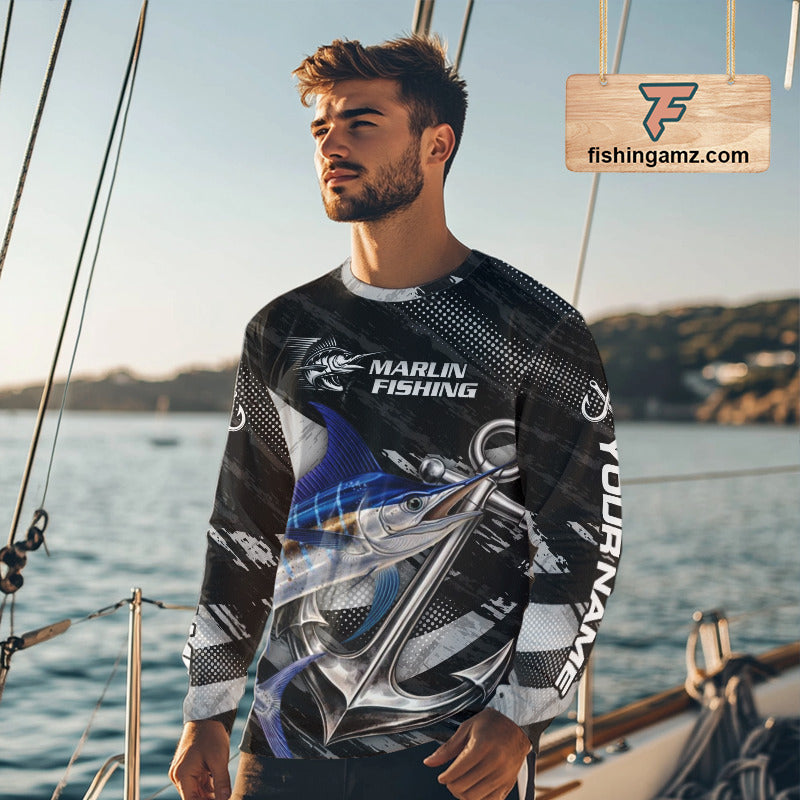 Personalized Marlin Fishing Long Sleeve Anchor Vector Custom Name Black Camo, Saltwater Fishing Shirts NBT473