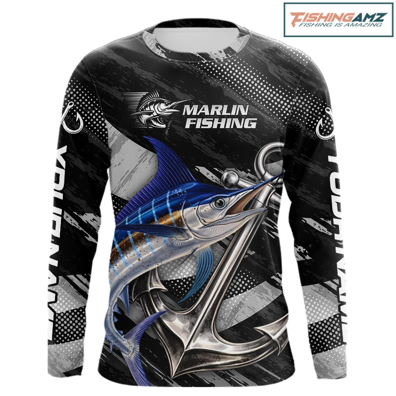 Personalized Marlin Fishing Long Sleeve Anchor Vector Custom Name Black Camo, Saltwater Fishing Shirts NBT473