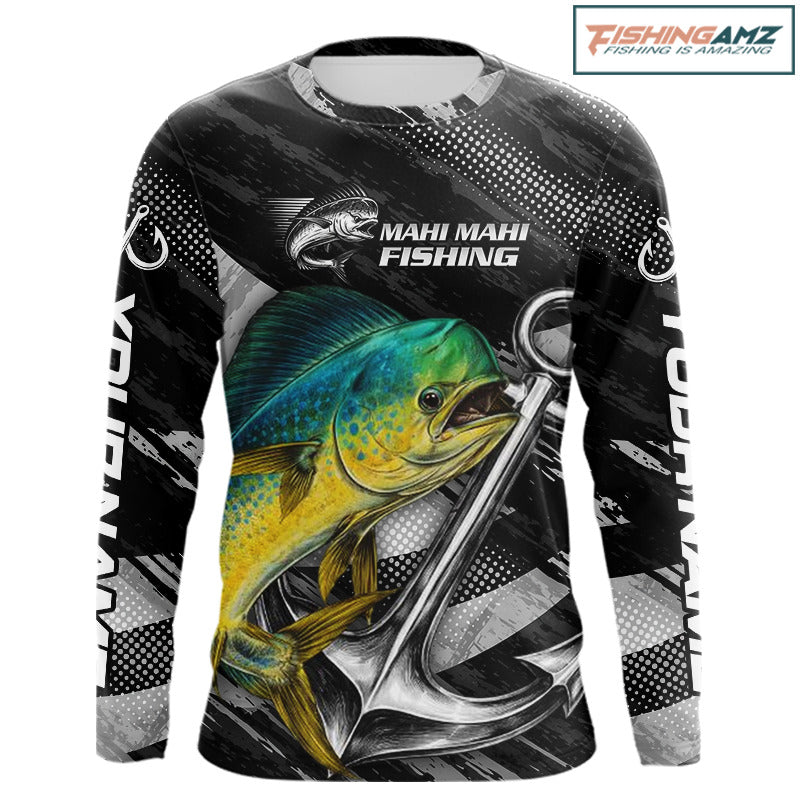 Personalized Mahi Mahi Fishing Long Sleeve Anchor Vector Custom Name Black Camo, Saltwater Fishing Shirts NBT474