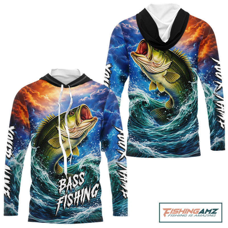 Personalized Bass Thunder And Lightening Long Sleeve Hooded Fishing Shirts,Custom Bass Fishing Jerseys NBT378