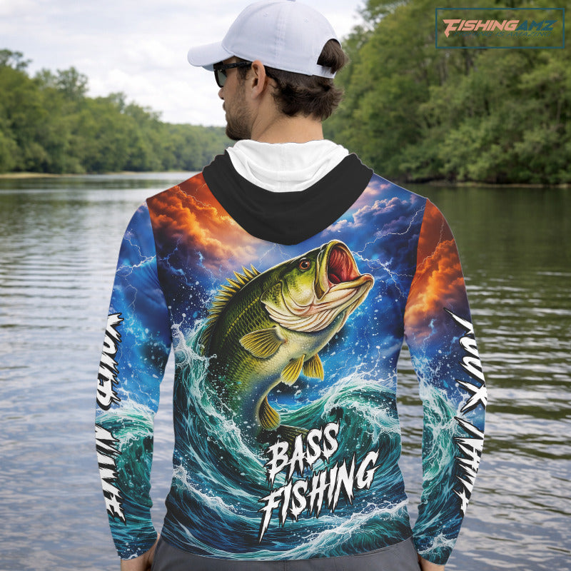 Personalized Bass Thunder And Lightening Long Sleeve Hooded Fishing Shirts,Custom Bass Fishing Jerseys NBT378
