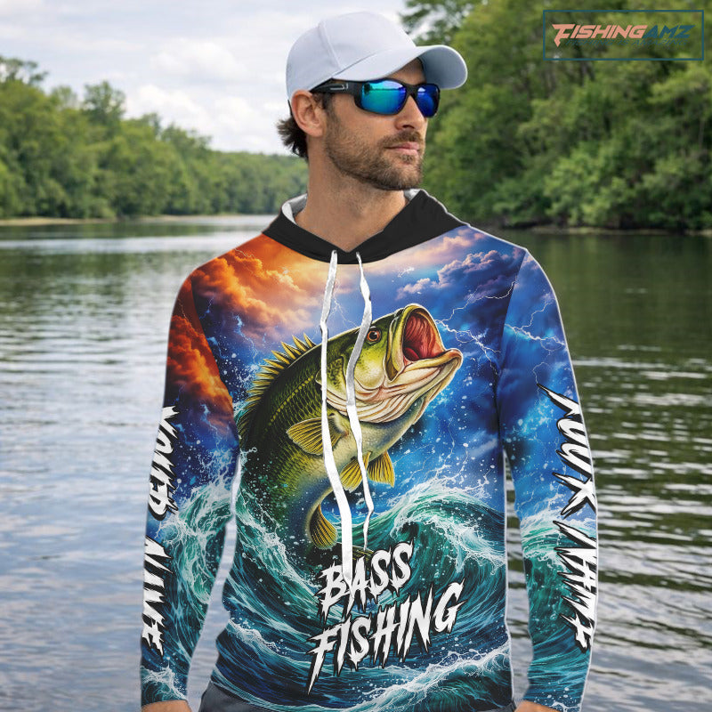 Personalized Bass Thunder And Lightening Long Sleeve Hooded Fishing Shirts,Custom Bass Fishing Jerseys NBT378
