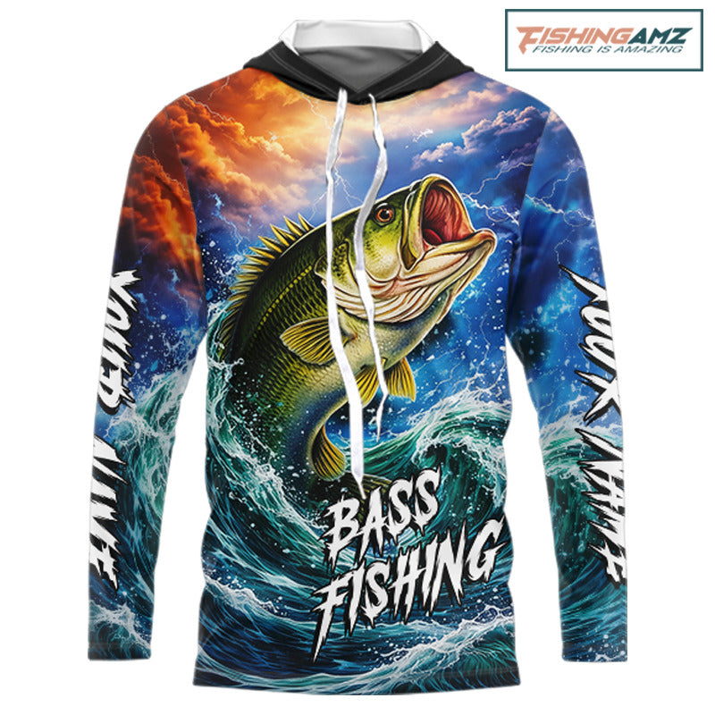 Personalized Bass Thunder And Lightening Long Sleeve Hooded Fishing Shirts,Custom Bass Fishing Jerseys NBT378