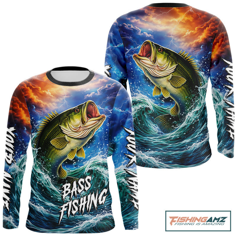 Personalized Bass Thunder And Lightening Long Sleeve Fishing Shirts,Custom Bass Fishing Jerseys NBT378