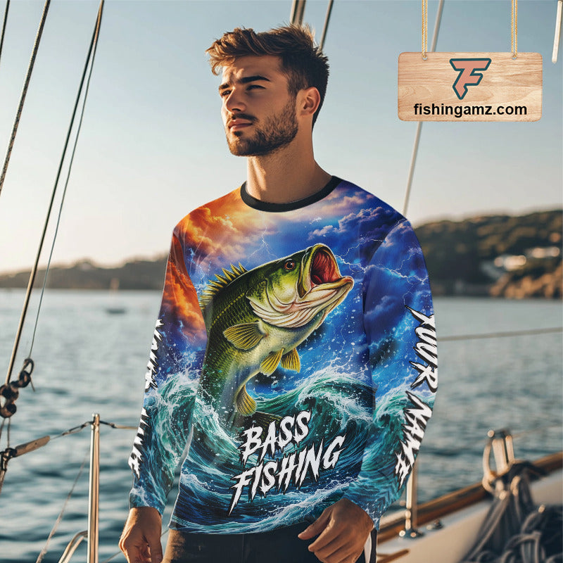 Personalized Bass Thunder And Lightening Long Sleeve Fishing Shirts,Custom Bass Fishing Jerseys NBT378