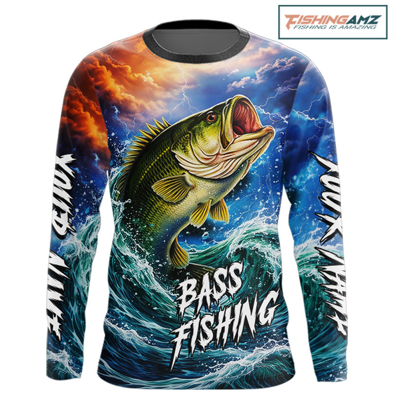 Personalized Bass Thunder And Lightening Long Sleeve Fishing Shirts,Custom Bass Fishing Jerseys NBT378