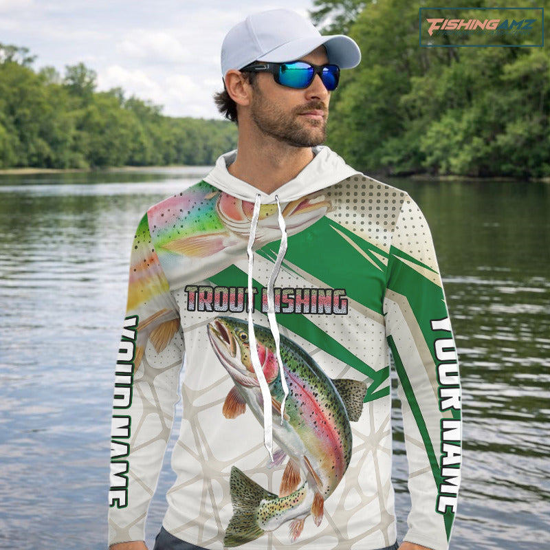 Rainbow Trout Fishing Tournament Shirts Long Sleeve Hooded Fishing Shirts, Custom Trout Fishing Shirts NBT429