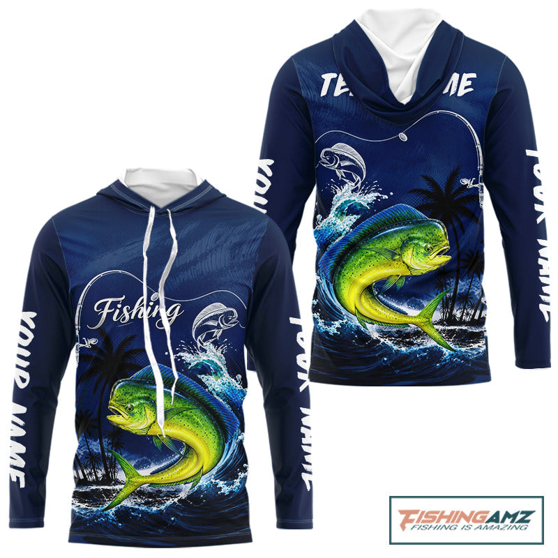 Front and back view of Mahi Mahi Fishing Custom performance long sleeve hooded fishing shirt, custom Mahi Mahi fishing shirt with UPF protection