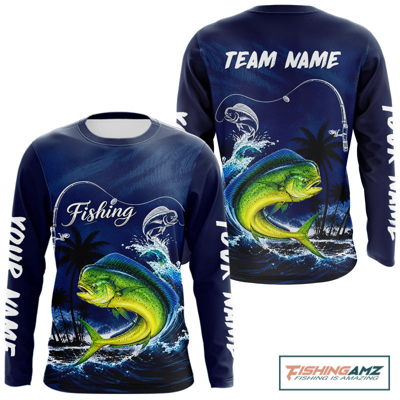 Front and back view Mahi Mahi Fishing Custom performance long sleeve fishing shirt, custom Mahi Mahi fishing shirt with UPF protection and personalized name