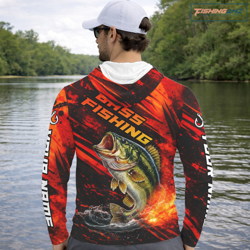 Personalized Fishing Bass Long Sleeve Hooded Fishing Shirts Orange Custom Nam, Fishing Shirts For Men NBT382