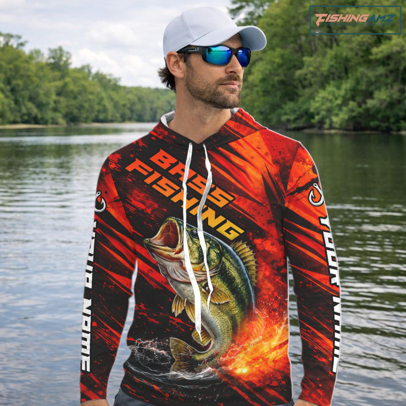 Personalized Fishing Bass Long Sleeve Hooded Fishing Shirts Orange Custom Nam, Fishing Shirts For Men NBT382