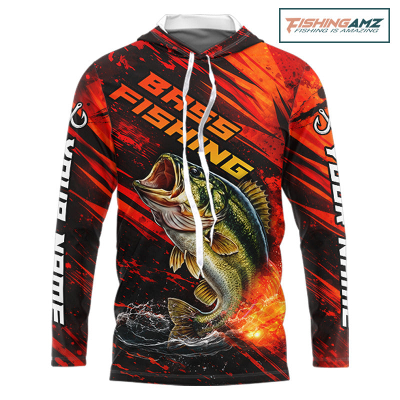 Personalized Fishing Bass Long Sleeve Hooded Fishing Shirts Orange Custom Nam, Fishing Shirts For Men NBT382