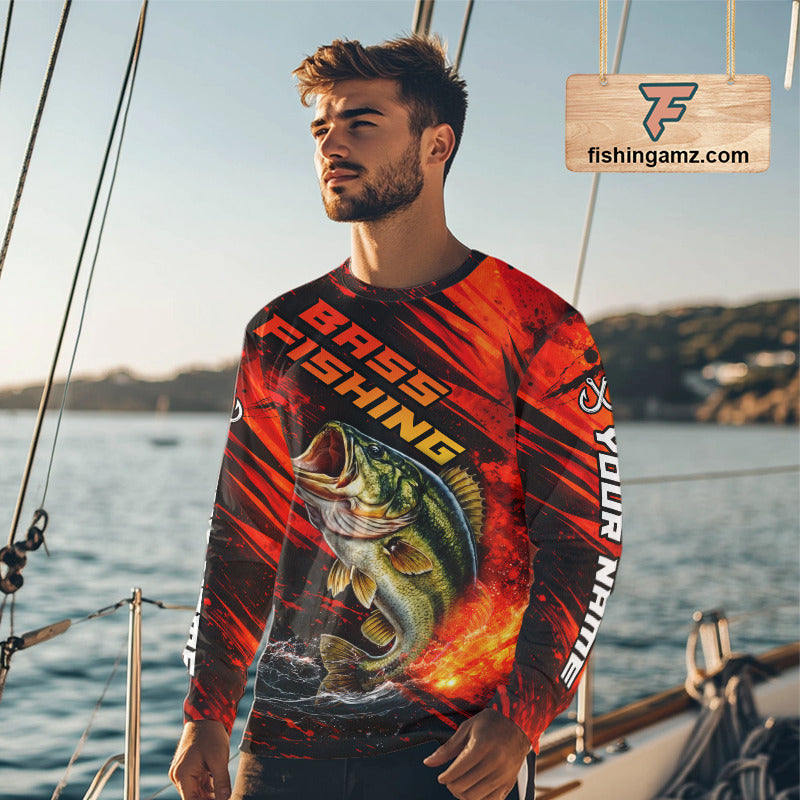 Personalized Fishing Bass Long Sleeve Fishing Shirts Orange Custom Name, Fishing Shirts For Men NBT382