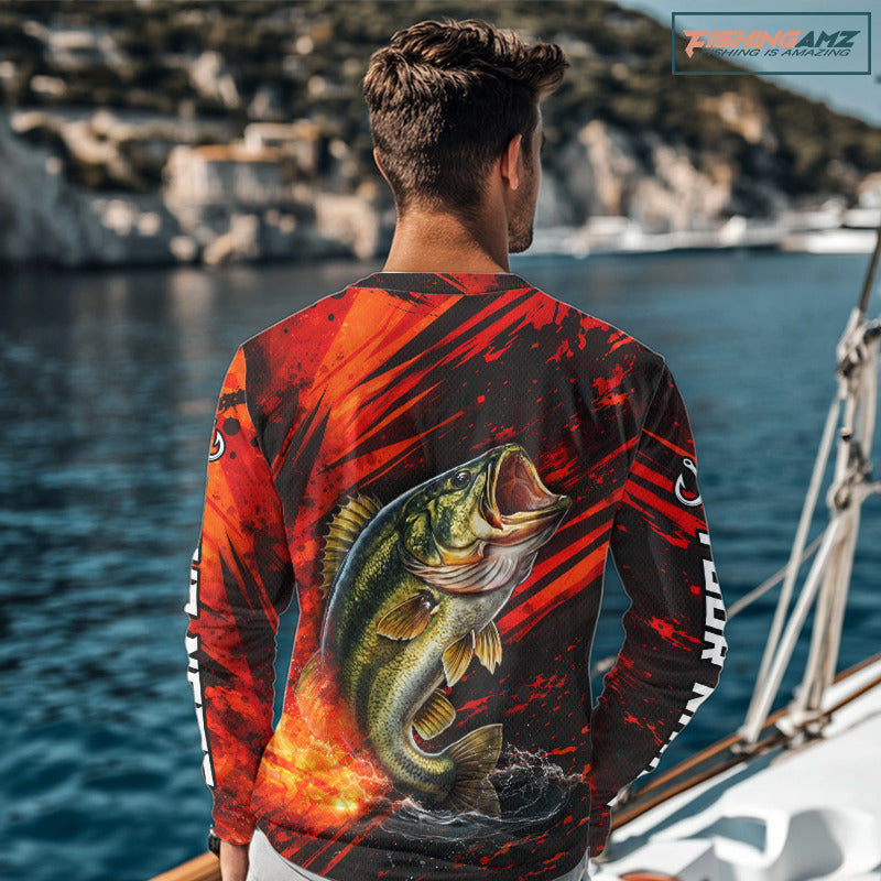 Personalized Fishing Bass Long Sleeve Fishing Shirts Orange Custom Name, Fishing Shirts For Men NBT382
