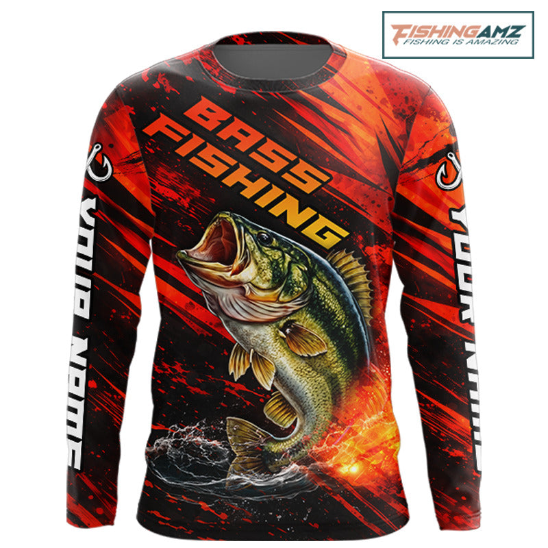 Personalized Fishing Bass Long Sleeve Fishing Shirts Orange Custom Name, Fishing Shirts For Men NBT382