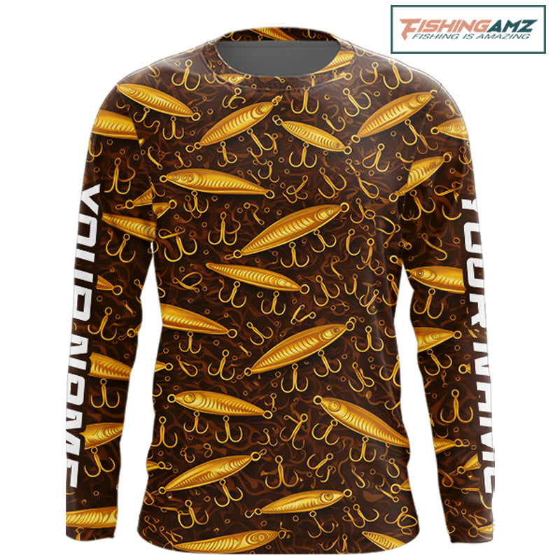 Custom Fishing Lure Yellow Long Sleeve Fishing Shirts For Men Custom Name, Mens Fishing Outfit NBT388