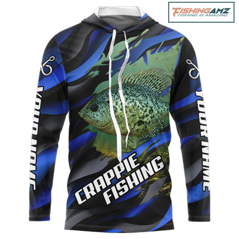 Custom Crappie Fishing Blue Camo Long Sleeve Hooded Fishing Shirts, Crappie Fishing Shirts  NBT390