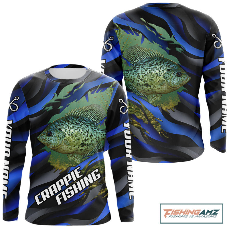 Custom Crappie Fishing Blue Camo Long Sleeve Fishing Shirts, Crappie Fishing Shirts NBT390