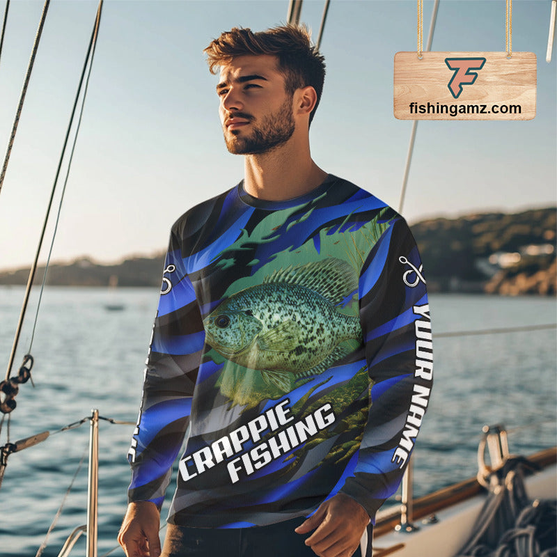 Custom Crappie Fishing Blue Camo Long Sleeve Fishing Shirts, Crappie Fishing Shirts NBT390