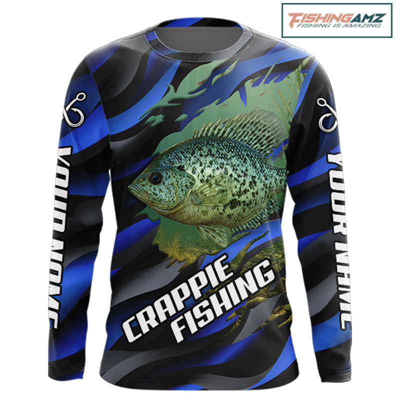 Custom Crappie Fishing Blue Camo Long Sleeve Fishing Shirts, Crappie Fishing Shirts NBT390