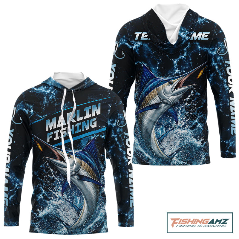 Custom Marlin Fishing Camo Long Sleeve Hooded Fishing Shirts, Personalized Marlin Fishing Team Jerseys NBT1033
