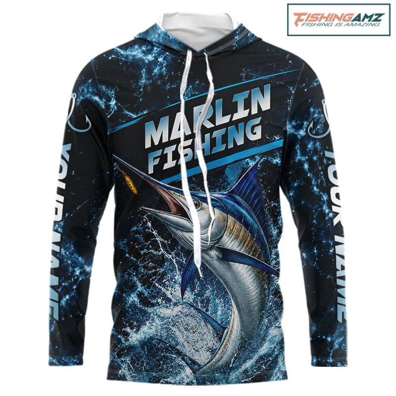 Custom Marlin Fishing Camo Long Sleeve Hooded Fishing Shirts, Personalized Marlin Fishing Team Jerseys NBT1033