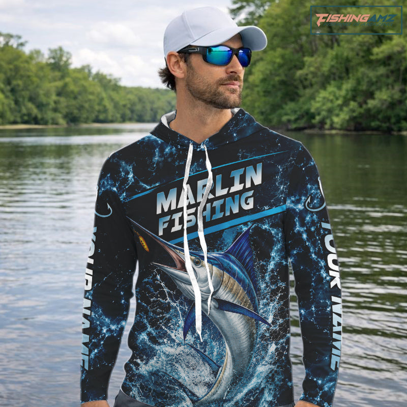 Custom Marlin Fishing Camo Long Sleeve Hooded Fishing Shirts, Personalized Marlin Fishing Team Jerseys NBT1033