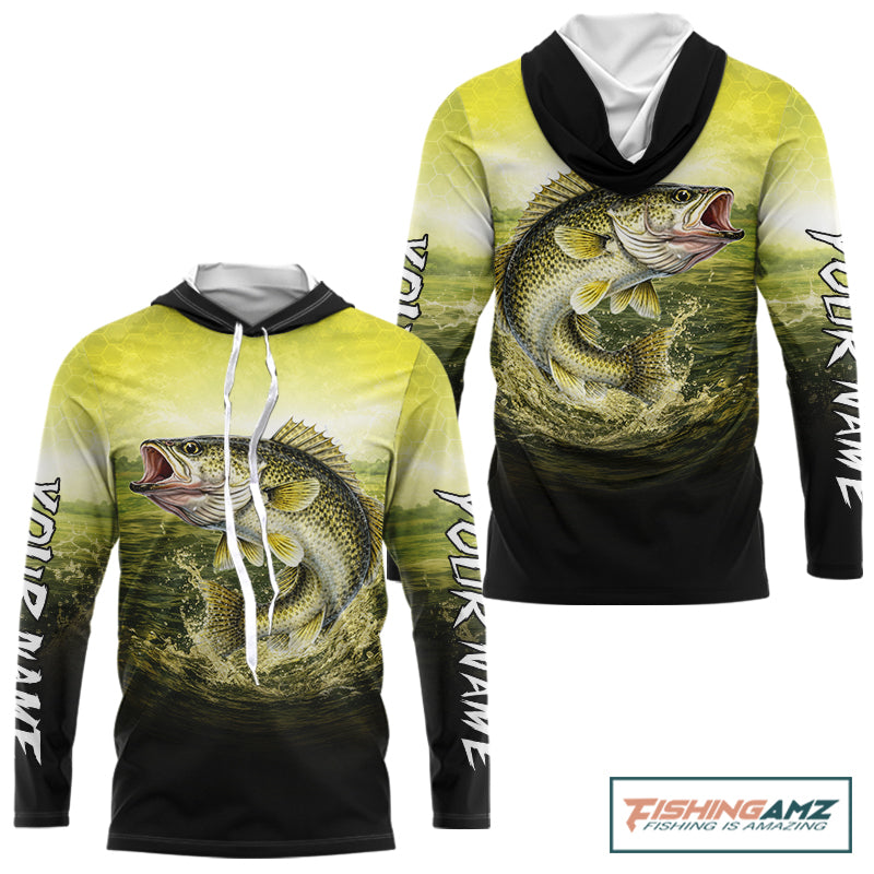 Yellow Walleye Fishing UV Protection Long Sleeve Hooded Fishing Shirts, Custom Walleye Fishing Shirts NBT400