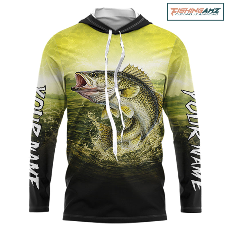 Yellow Walleye Fishing UV Protection Long Sleeve Hooded Fishing Shirts, Custom Walleye Fishing Shirts NBT400