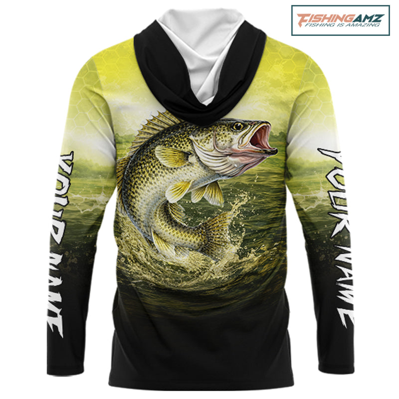 Yellow Walleye Fishing UV Protection Long Sleeve Hooded Fishing Shirts, Custom Walleye Fishing Shirts NBT400
