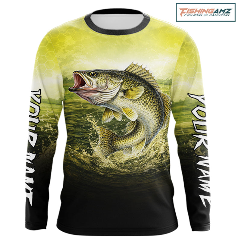 Yellow Walleye Fishing UV Protection Long Sleeve Fishing Shirts, Custom Walleye Fishing Shirts NBT400