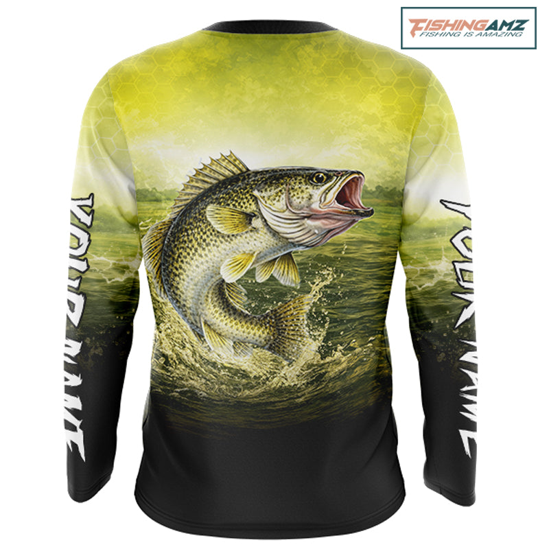 Yellow Walleye Fishing UV Protection Long Sleeve Fishing Shirts, Custom Walleye Fishing Shirts NBT400