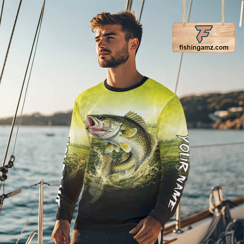 Yellow Walleye Fishing UV Protection Long Sleeve Fishing Shirts, Custom Walleye Fishing Shirts NBT400
