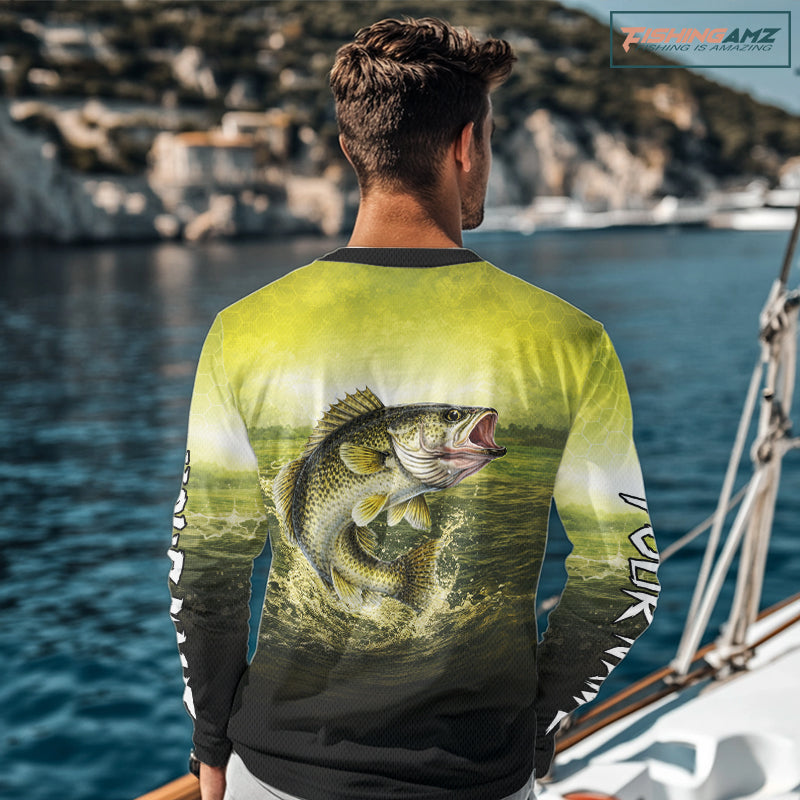 Yellow Walleye Fishing UV Protection Long Sleeve Fishing Shirts, Custom Walleye Fishing Shirts NBT400