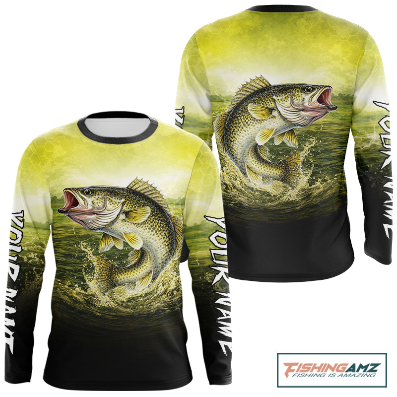 Yellow Walleye Fishing UV Protection Long Sleeve Fishing Shirts, Custom Walleye Fishing Shirts NBT400
