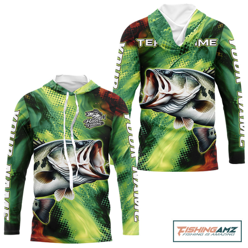 Custom Green Camo Bass Long Sleeve Fishing Shirts, Bass Fishing Shirts For Men NBT449