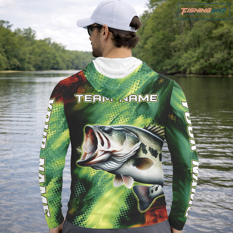 Custom Green Camo Bass Long Sleeve Fishing Shirts, Bass Fishing Shirts For Men NBT449