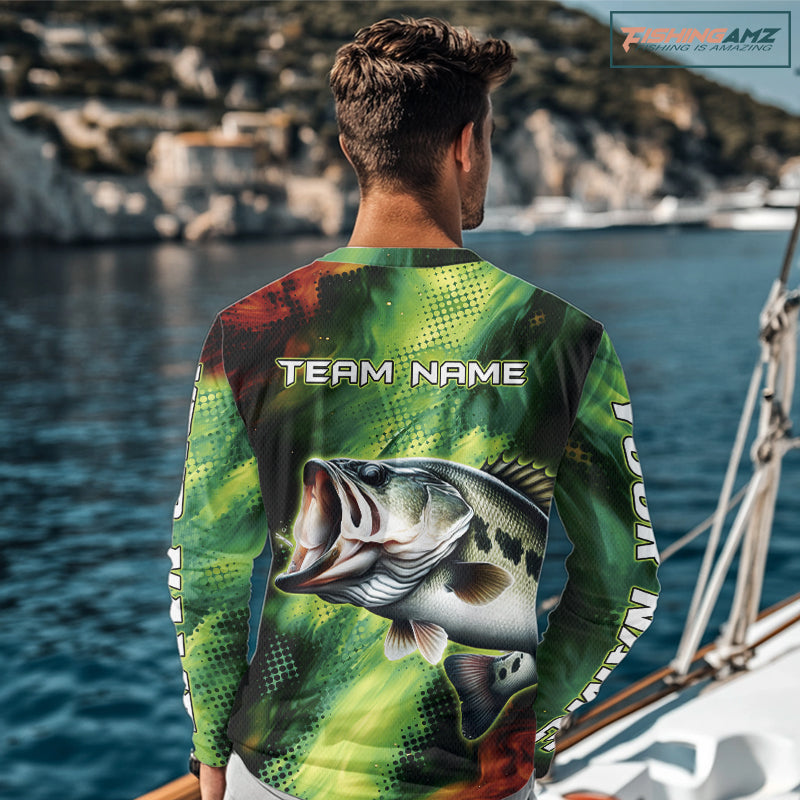 Custom Green Camo Bass Long Sleeve Fishing Shirts, Bass Fishing Shirts For Men NBT449