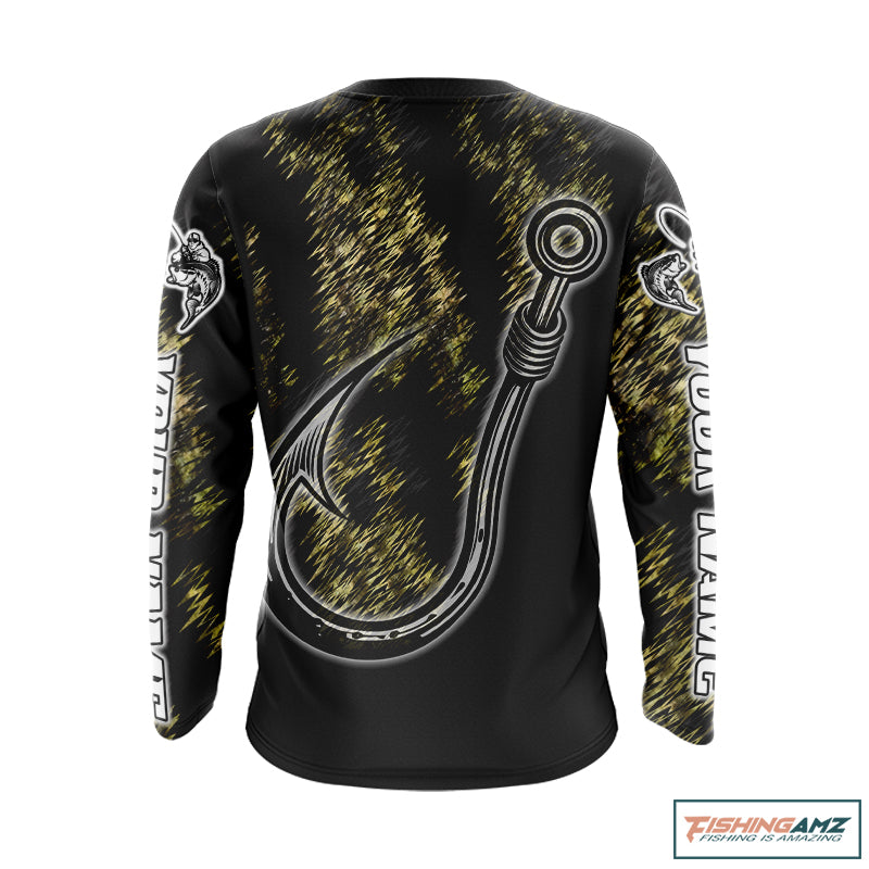 Back view of Fish Hooks bass fishing long sleeve jersey