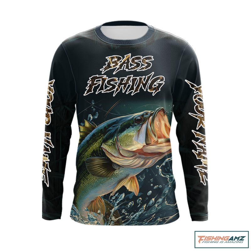 Largemouth Bass Fishing Long Sleeve Fishing Shirts Grass Camo, Bass Fishing Tournament Jerseys NBT362