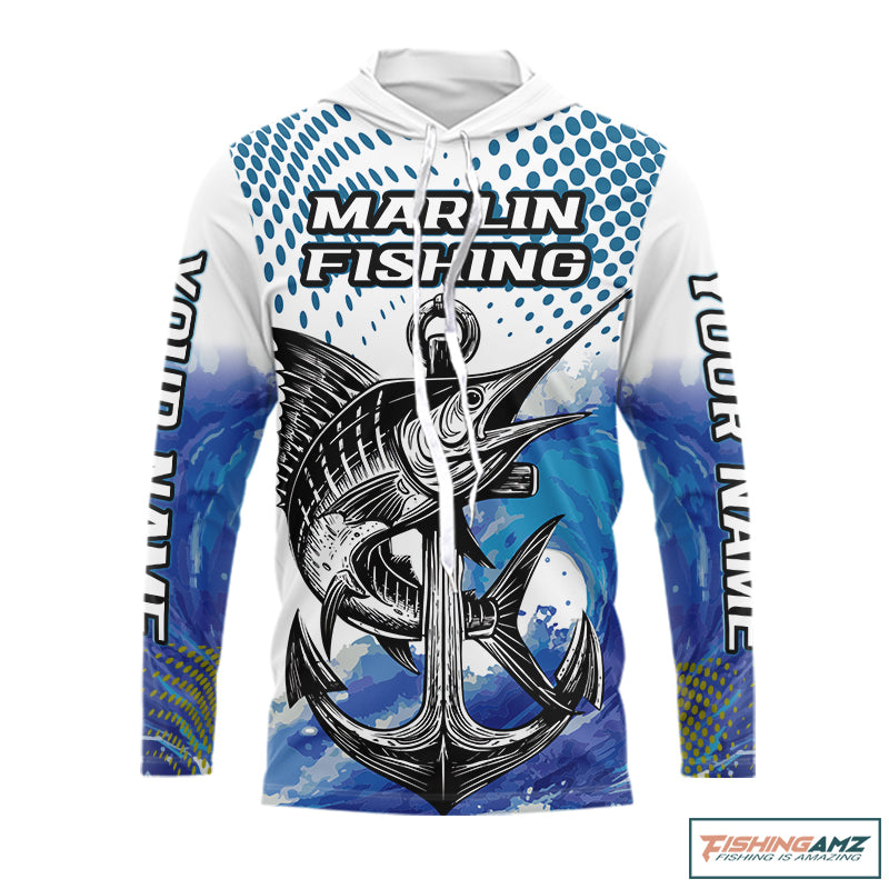 Personalized Blue Marlin Saltwater Fish Fishing Shirts Long Sleeve Custom Name Tournament Fishing Shirts NBT368