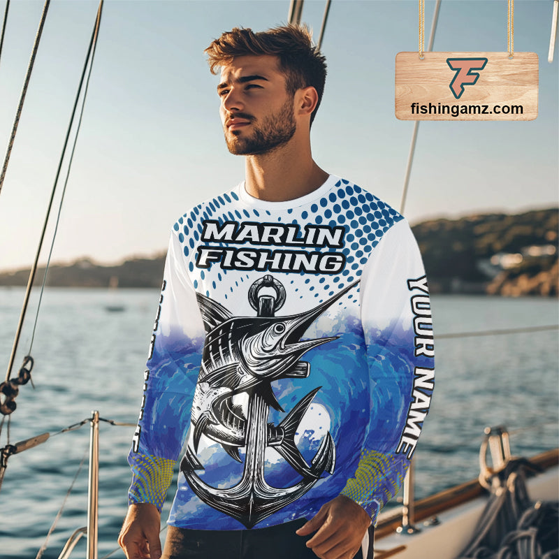 Personalized Blue Marlin Saltwater Fish Fishing Shirts Long Sleeve Custom Name Tournament Fishing Shirts NBT368