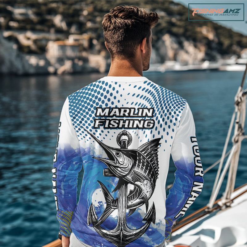 Personalized Blue Marlin Saltwater Fish Fishing Shirts Long Sleeve Custom Name Tournament Fishing Shirts NBT368